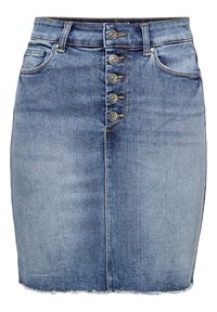 Denimkjol i ljusblått med figursydd passform. Har fem dekorativa knappar fram och en rå kant längst ner.