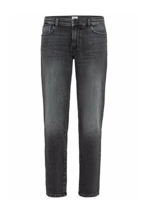 Schwarze Jeans aus Denim mit einem verblassten Finish, gerader Beinform, fünf Taschen und Gürtelschlaufen. Mit einem Knopf- und Reißverschlussverschluss ausgestattet.