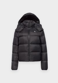Black puffer jacket with a hood, featuring a zip closure, quilted design, and a logo on the chest. Soft, shiny material with long sleeves.