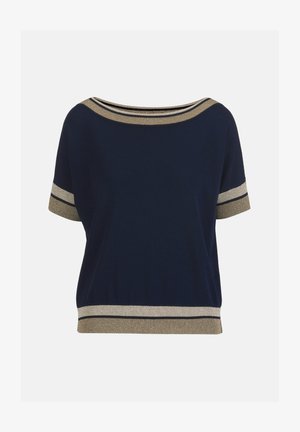 Top albastru marin cu mâneci scurte și decolteu larg bateau, cu margini dungi bej și negre la gât, mâneci și tiv.