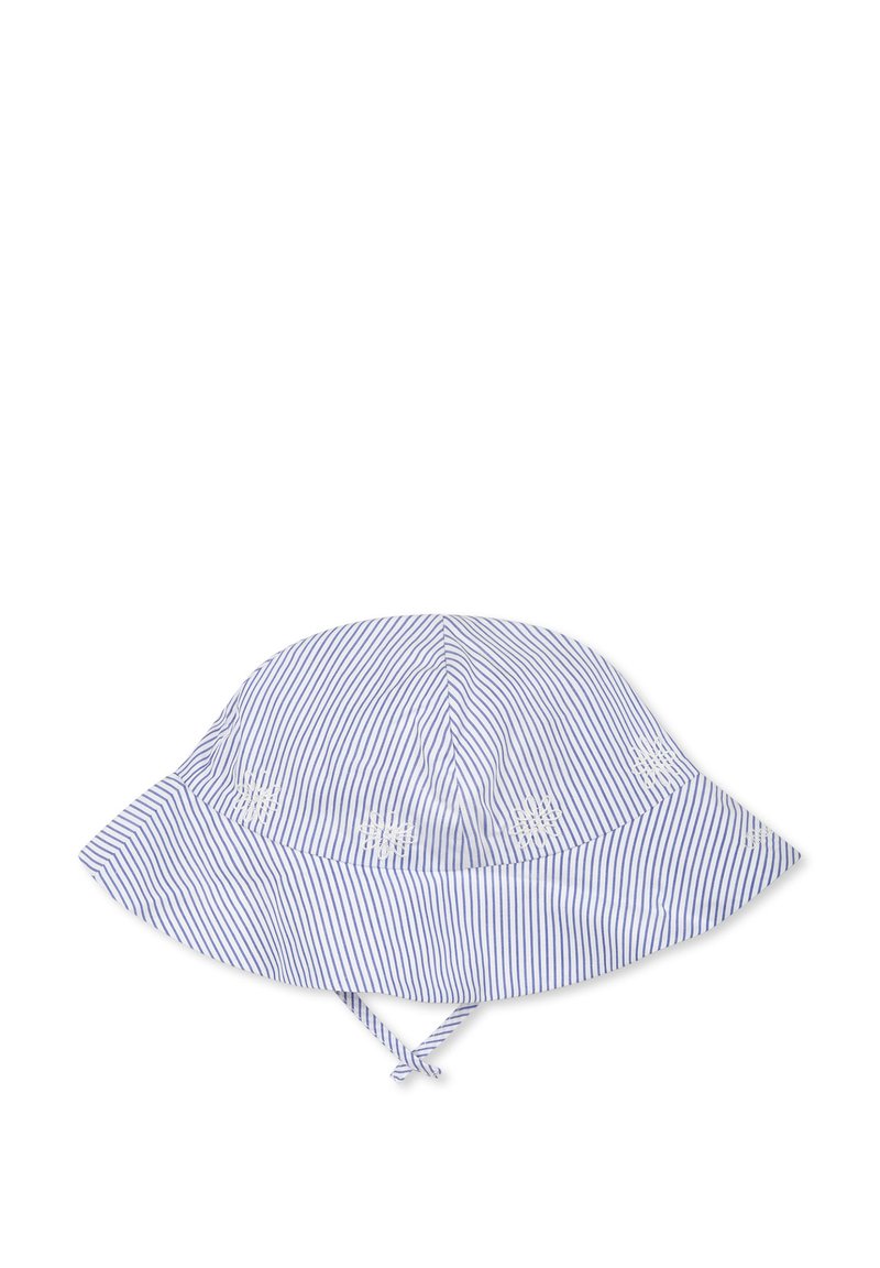 Chapeau seau rayé en bleu et blanc, avec une large visière et une sangle ajustable. Présente des détails de flocon de neige brodés sur les côtés.