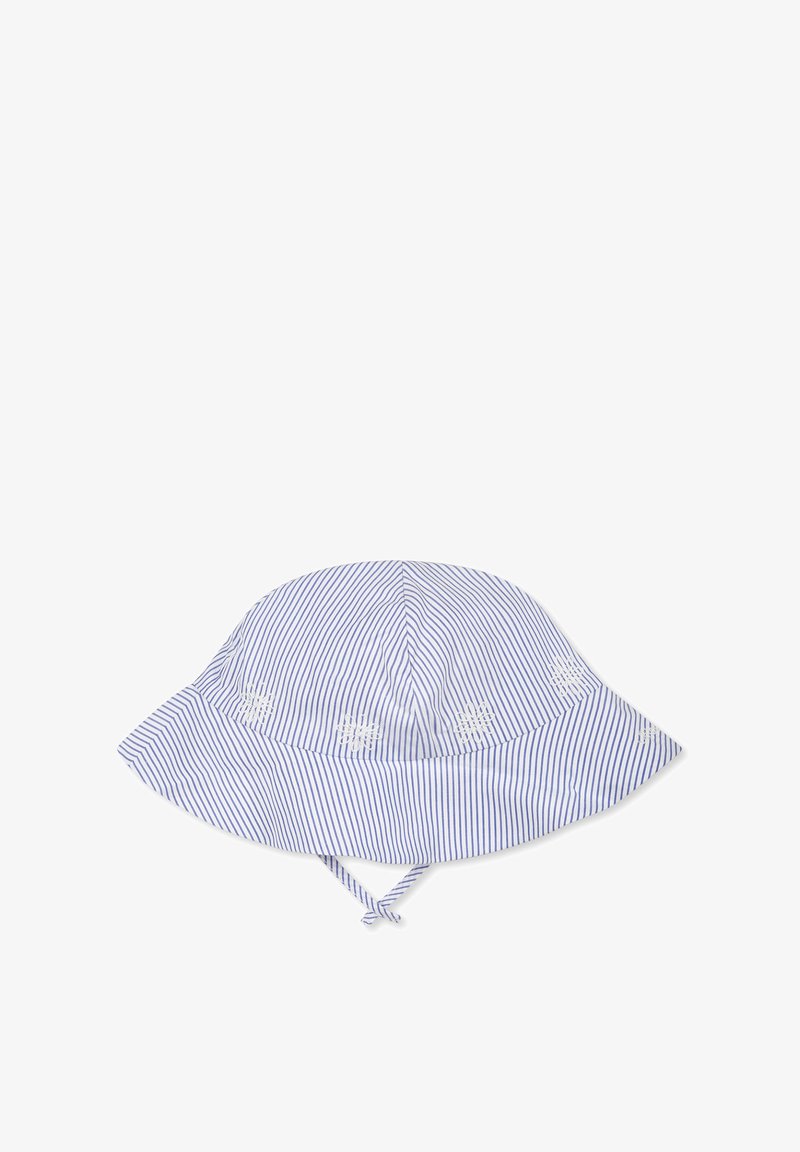 Chapeau seau rayé en bleu et blanc, avec une large visière et une sangle ajustable. Présente des détails de flocon de neige brodés sur les côtés.