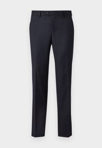 Navy blue tailored trousers made from a textured fabric with a subtle check pattern, featuring a button closure and straight leg design.
