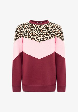 Sweatshirt mit einem oberen Panel im Leopardenmuster, pinkem Chevron-Mittelteil und burgunderfarbenem unteren Abschnitt. Hergestellt aus weichem, strukturiertem Stoff mit Rundhalsausschnitt.