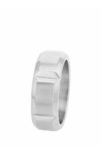 Anillo de plata con un acabado pulido y cepillado, que presenta acentos geométricos y un interior suave y redondeado.