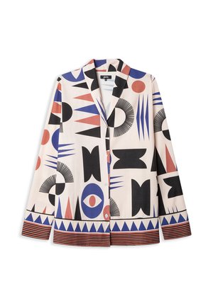 Veste chemise à motifs géométriques en crème, avec des éléments de design bleus, rouges et noirs, dotée d'un col et d'une fermeture éclair à boutons. Ourlet rayé vertical.