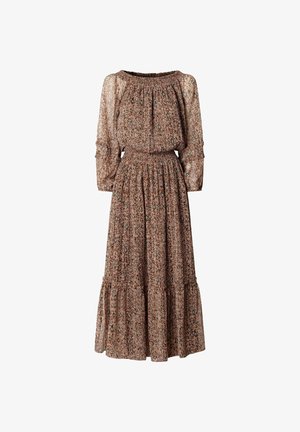 Langærmet kjole i ankellængde med smockdetaljer ved halsudskæring og talje, gennemsigtigt stof og flerfarvet blomsterprint på en afdæmpet brun baggrund.