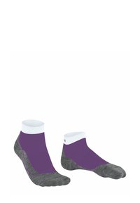 Fioletowe i szare skarpetki sięgające kostek, wyeksponowane obok siebie, z białym elastycznym ściągaczem i teksturowanymi podeszwami dla lepszego chwytu i komfortu.