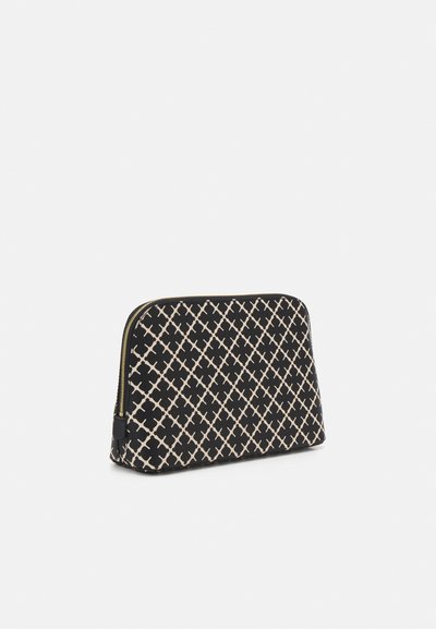 Black fabric pouch with a geometric cream pattern, zip closure, flat design, and smooth texture. Edges reinforced for durability.