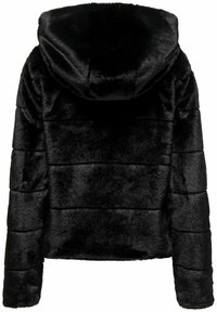 Veste noire à capuche en fausse fourrure avec surpiqûres horizontales, manches longues et coupe légèrement courte, vue de dos.
