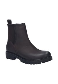 Černá kožená kotníková bota se stranovými elastickými panely, texturovanou gumovou podrážkou, poutkem a hladkým povrchem; vyznačuje se minimalistickým designem a odolnou konstrukcí.