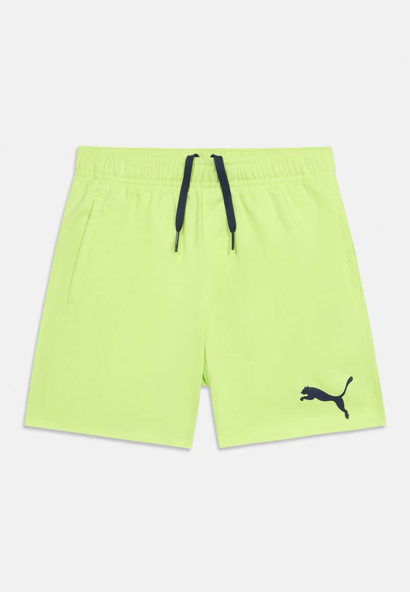 Short de bain pour homme jaune néon avec ceinture élastique noire, cordon de serrage et logo Puma noir sur la jambe gauche.