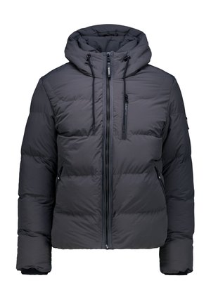 Zwarte pufferjack met een capuchon, met een ritssluiting aan de voorkant, twee zijzakken en een ritszak op de borst. Gequilte textuur en elastische manchetten.