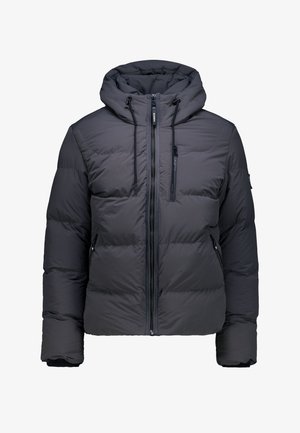 Schwarze Daunenjacke mit Kapuze, ausgestattet mit einem Reißverschluss auf der Vorderseite, zwei seitlichen Taschen und einer Reißverschlusstasche auf der Brust. Ge quiltete Textur und elastische Bündchen.