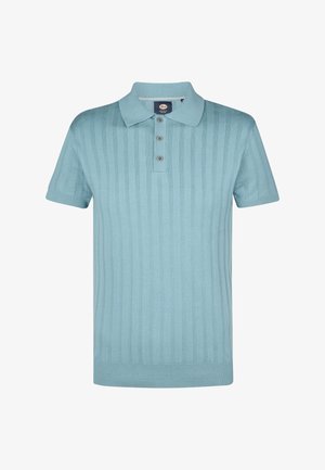 Lichtblauwe polo met korte mouwen van ribbelstof, met een knoopsluiting met drie knopen en een platte kraag. Gladde stof met subtiele verticale strepen.