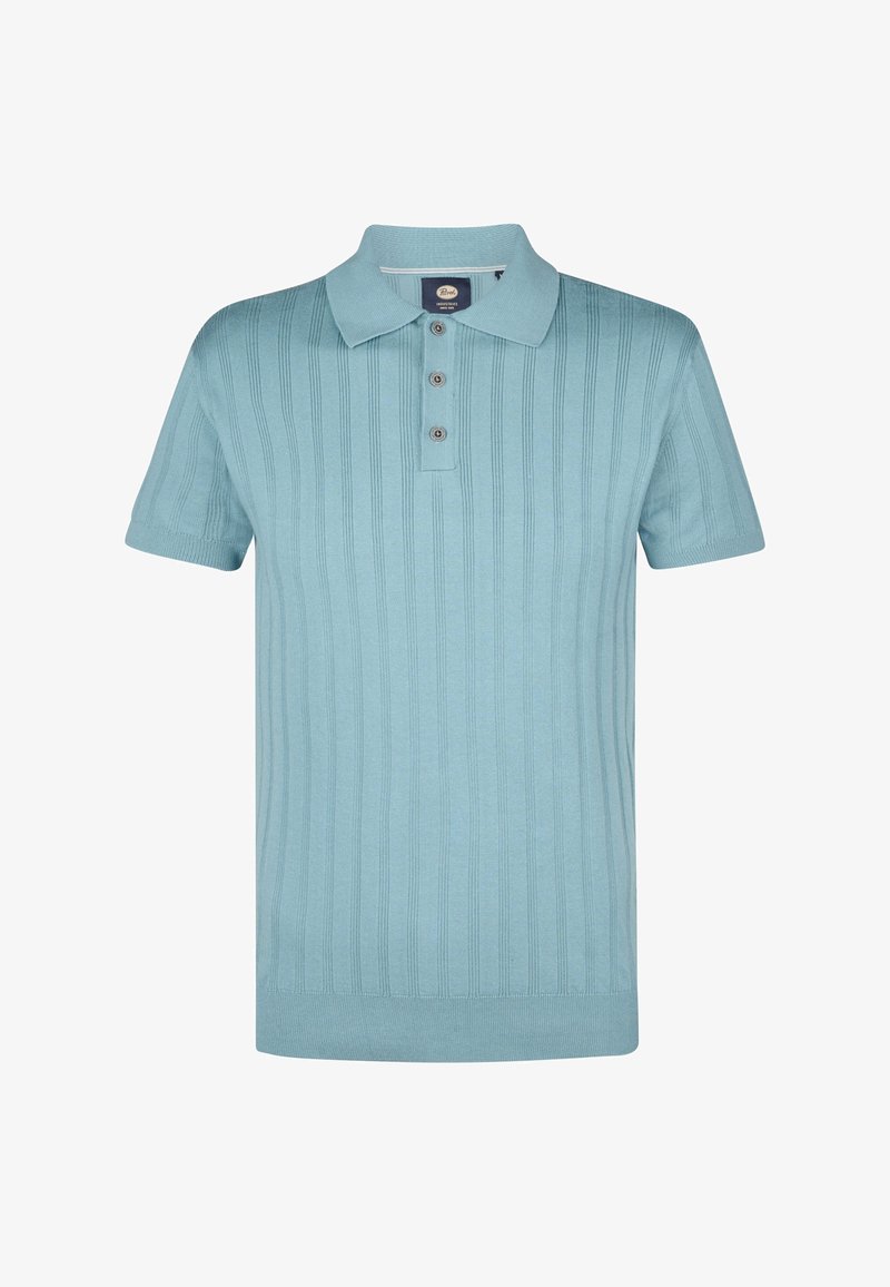 Lichtblauwe polo met korte mouwen van ribbelstof, met een knoopsluiting met drie knopen en een platte kraag. Gladde stof met subtiele verticale strepen.