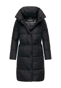 Black puffer coat with a high collar, buttoned front, and quilted design. Features a branded interior label and a textured finish.