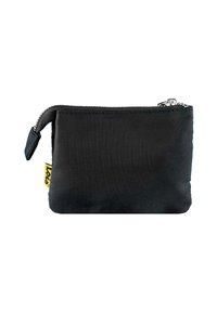 Bolsa de tela negra con cierre de cremallera, que presenta una superficie texturizada y una pequeña etiqueta amarilla en un lado. Diseño compacto y rectangular.