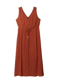 Rostfarbenes ärmelloses Kleid mit V-Ausschnitt, durchgehender Knopfleiste, gerafftem Bund, verstellbarem Kordelzug und fließendem Rock mit weicher Textur.