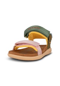 Färgglad sandal med rosa och gröna remmar, brun dämpad sula, justerbara kardborreband och en slitstark gummisula.