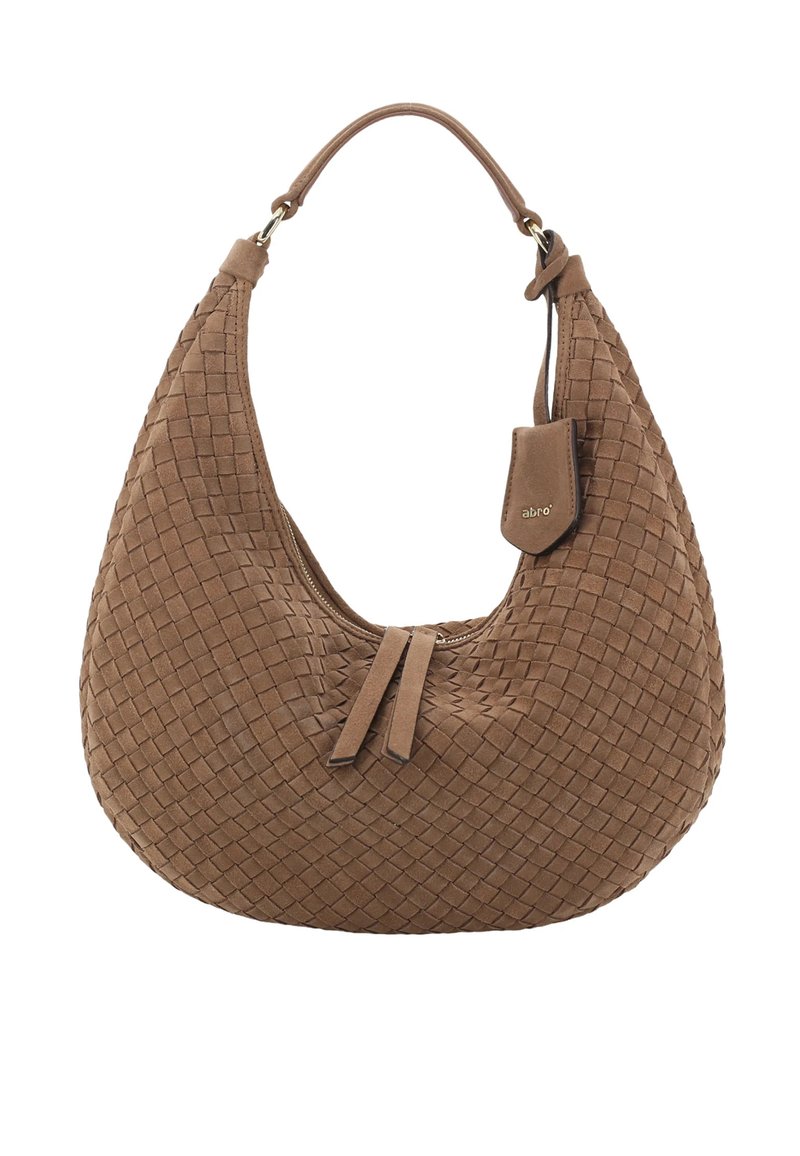 Brown leather hobo bag featuring a woven texture, curved shape, and a short handle with a small tag accent. Zipper closure detail included.