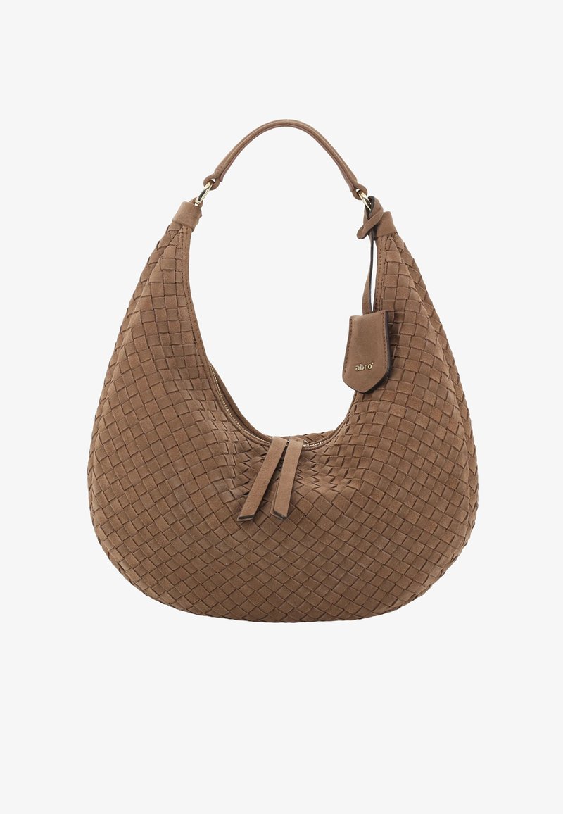 Braune Leder-Hobo-Tasche mit gewebter Textur, geschwungener Form und kurzem Griff mit kleinem Etikett-Akzent. Mit Reißverschlussverschlussdetail.