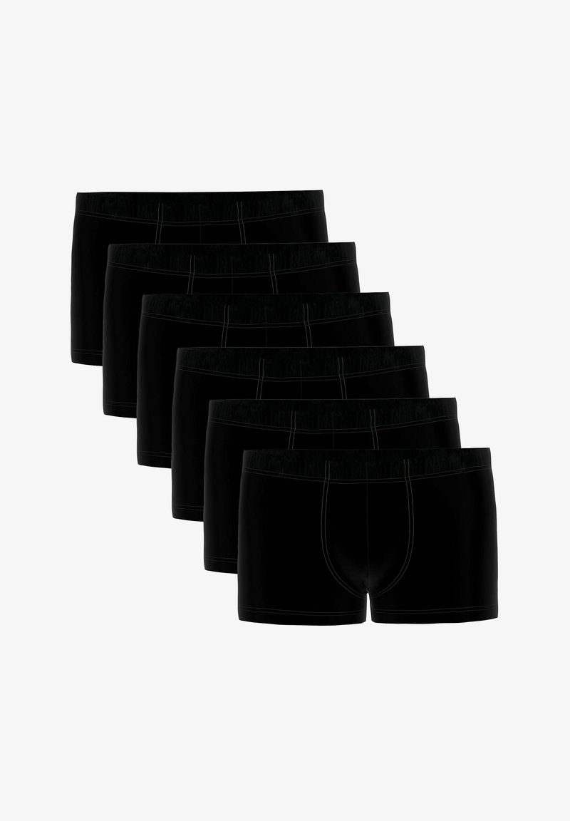 Schwarze Boxershorts im 6er-Pack. Hergestellt aus weichem Stoff, mit glatter Textur und kontrastierender Naht entlang der Nähte.