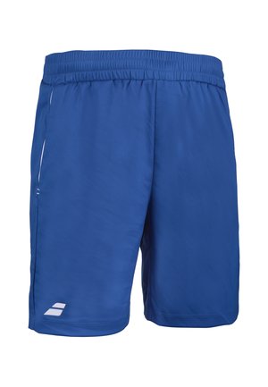 Blå atletikshorts med elastisk talje og en lille hvid logo nær nederste kant på venstre ben.