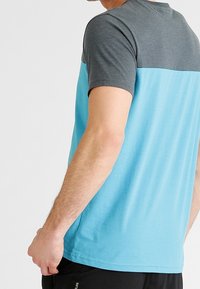 Kortærmet t-shirt med en grå overdel og en ensfarvet lys blå underdel, lavet af bomuld med en glat tekstur.