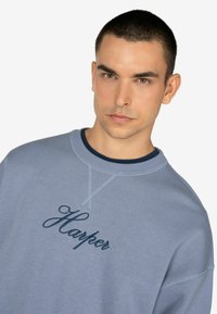 Felpa azzurra chiara in tessuto morbido, con collo a girocollo e ricamato "Harper" in blu scuro sul petto.