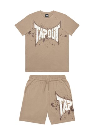 Beige cotton t-shirt and shorts set featuring a large "TAPOUT" logo with splatter design in white and brown accents. Elastic waistband on shorts.