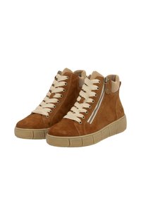 Brown suede high-top sneakers with beige laces and a side zipper, rubber sole, and textured accents on the body.
