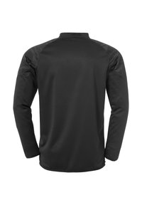 Schwarz langärmliges Sportshirt mit glatter Textur, das geometrische Muster auf den Schultern und ein klassisches Rundhalsdesign aufweist.