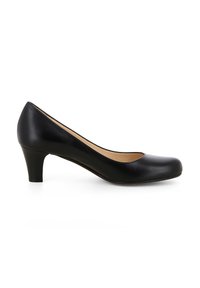 Scarpe con tacco in pelle nera, dalla punta arrotondata, tacco basso, texture liscia e design sobrio. Dettagli di cucitura discreti lungo il bordo.