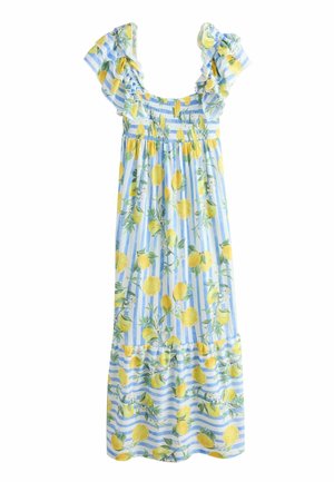 Light blue dress with yellow lemon print and green foliage. Features ruffled sleeves and a smocked bodice, with a tiered skirt design.