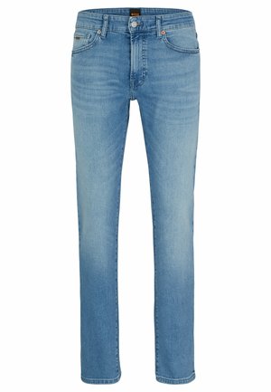 Lichtblauwe denim jeans met een rechte pasvorm, vijf zakken en een subtiele vervaagde textuur. Voorzien van een zwart label met logo op de taille.