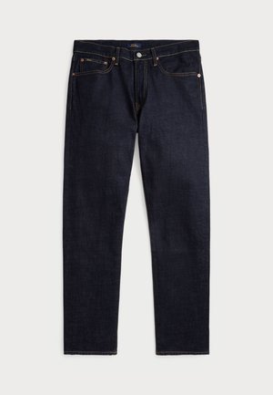 Mørkeblå denimjeans med rett ben-design, som har oransje sømmer, fem lommer og en klassisk knappelukking.