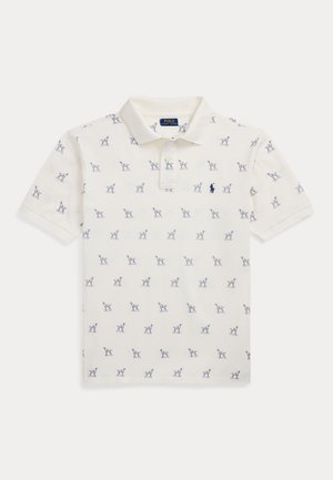 Trumpas rankovėmis polo marškinėliai kreminės spalvos su mažais mėlynais arkliukų raštais. Turi klasikinį apykaklę ir tris mygtukus. Minkšta medvilnės medžiaga.