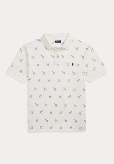 Short-sleeve polo shirt in cream with small blue horse pattern. Features a classic collar and three-button placket. Soft cotton material.