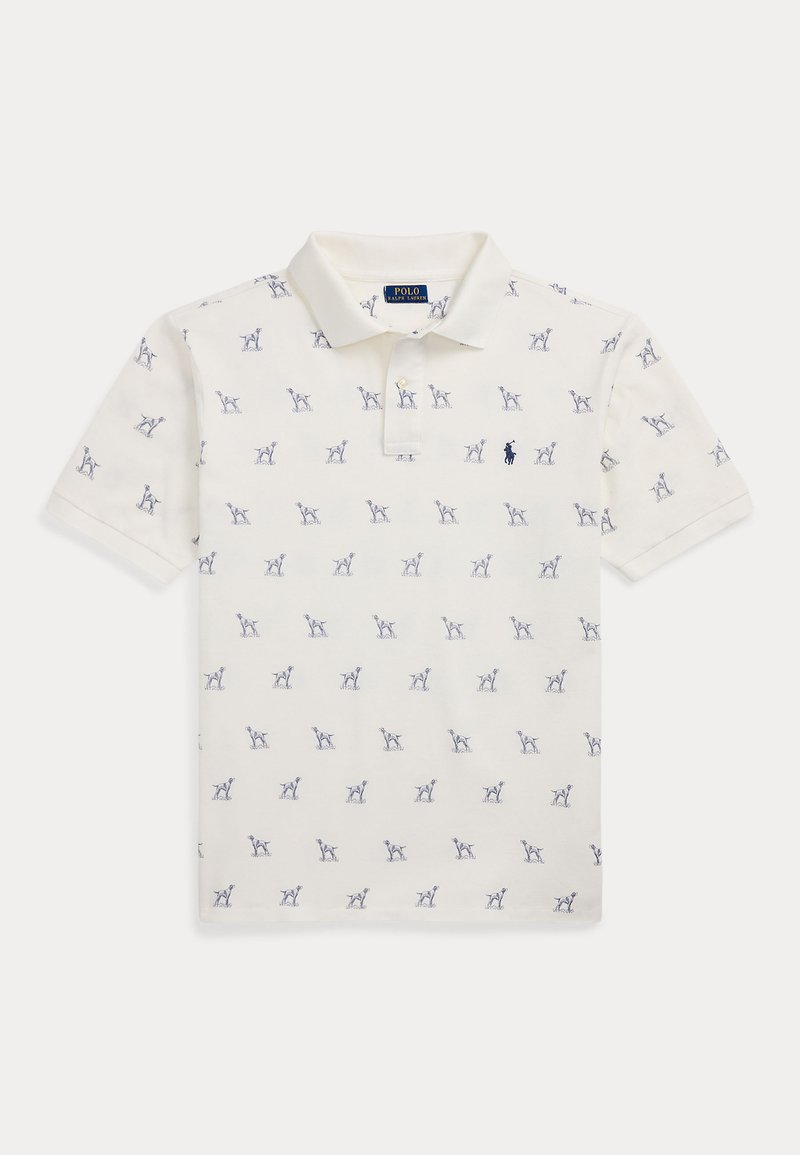 Short-sleeve polo shirt in cream with small blue horse pattern. Features a classic collar and three-button placket. Soft cotton material.
