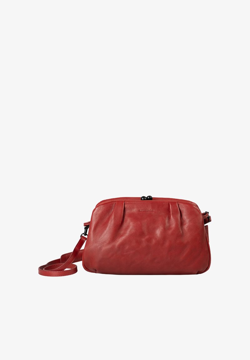 Red leather crossbody bag with a pleated design, rounded shape, and black clasp accents. Adjustable strap for convenience.