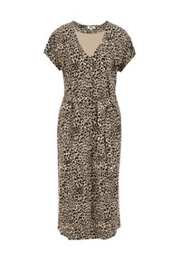 Haljina s uzorkom leoparda u bež i crnoj boji. Kratki rukavi, V-izrez, detalji s gumbima, pojas zavezan u struku, dužine do koljena, lagani materijal.