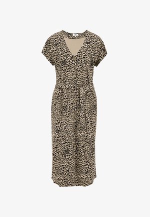 Robe à imprimé léopard en beige et noir. Manches courtes, décolleté en V, détails de boutons, ceinture nouée à la taille, longueur genou, tissu léger.