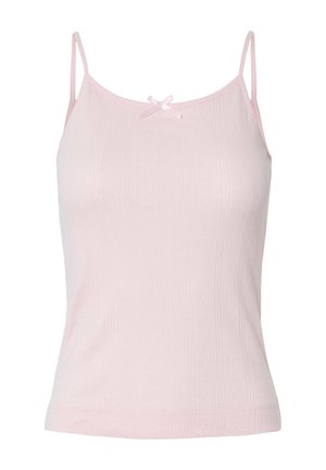 Heled roosa kampsun õhukeste rihmadega, tekstuuriga kangas, millel on vertikaalsed triibud ja väike dekoratiivne pael kaeluse juures.