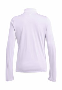 Light purple long-sleeve athletic top with a high collar, smooth texture, and logo on the back. Features fitted design and stretchy fabric.