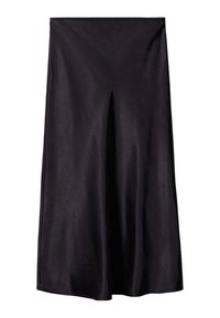 Schwarze Midiskirt aus glattem, glänzendem Stoff. Hat eine gerade Silhouette, einen leichten Schlitz vorne und keine sichtbaren Beschläge oder Verzierungen.