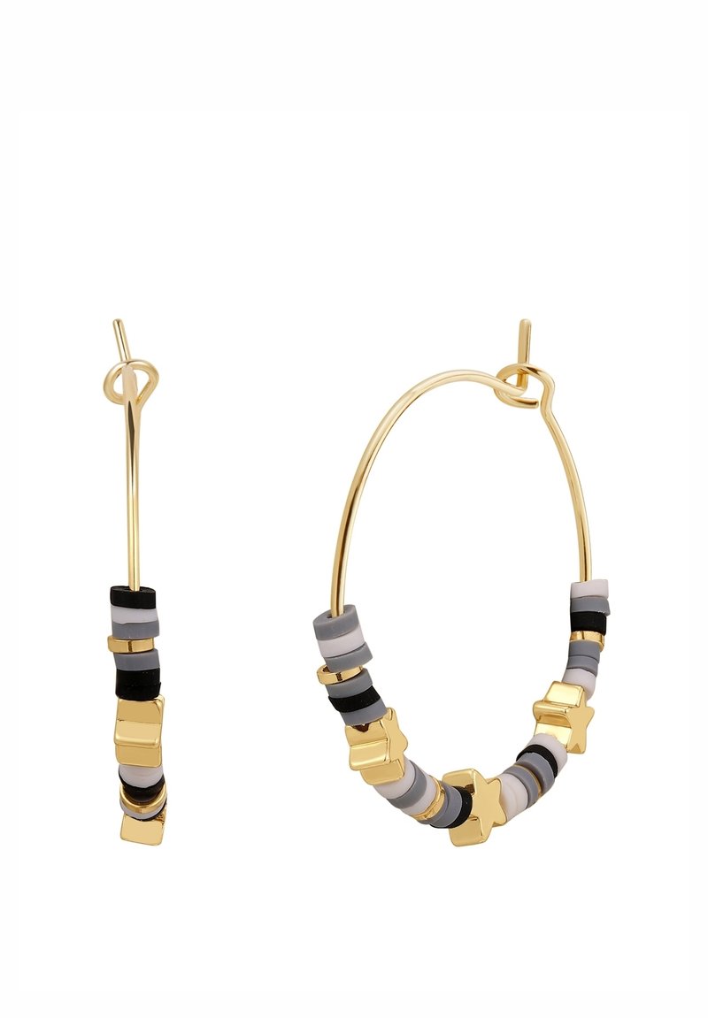 Auksiniai auskarai žiedai, dekoruoti daugiakampių spalvotų karoliukų juodais, pilkais ir baltais atspalviais, su žvaigždės formos auksiniais akcentais.