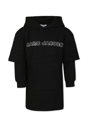 Sweatshirt à capuche noir en coton, avec une poche frontale et un grand logo "MARC JACOBS" en rhinestones sur la poitrine.