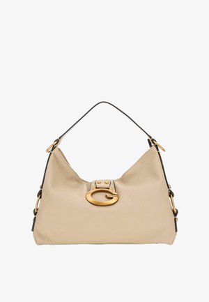 Borsa a mano in pelle beige con forma curva, accenti neri e dettaglio della chiusura ovale dorata. Presenta un manico superiore singolo e una superficie texturizzata.