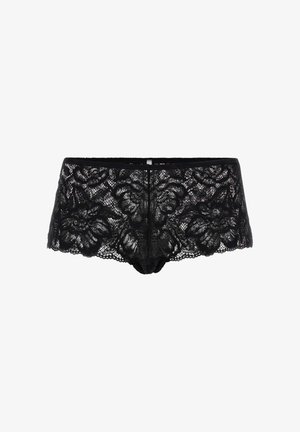 Czarne koronkowe szorty z kwiatowym wzorem, falbaniastymi brzegami i przezroczystą teksturą. Posiadają design o średnim stanie oraz bezszwowy tył.
